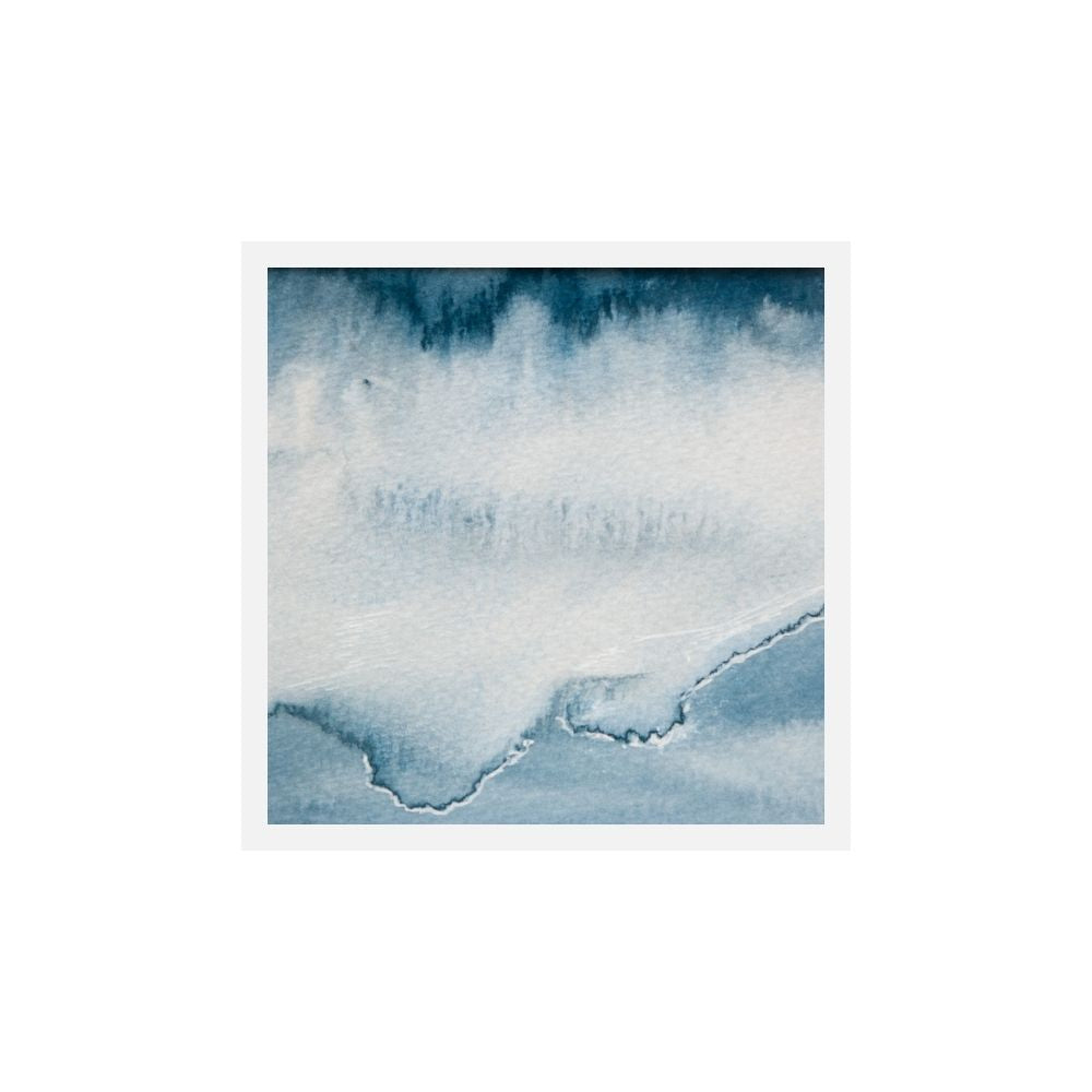 A hand-signed original painting featuring swirls of blue and white on a white mount, ready for framing.